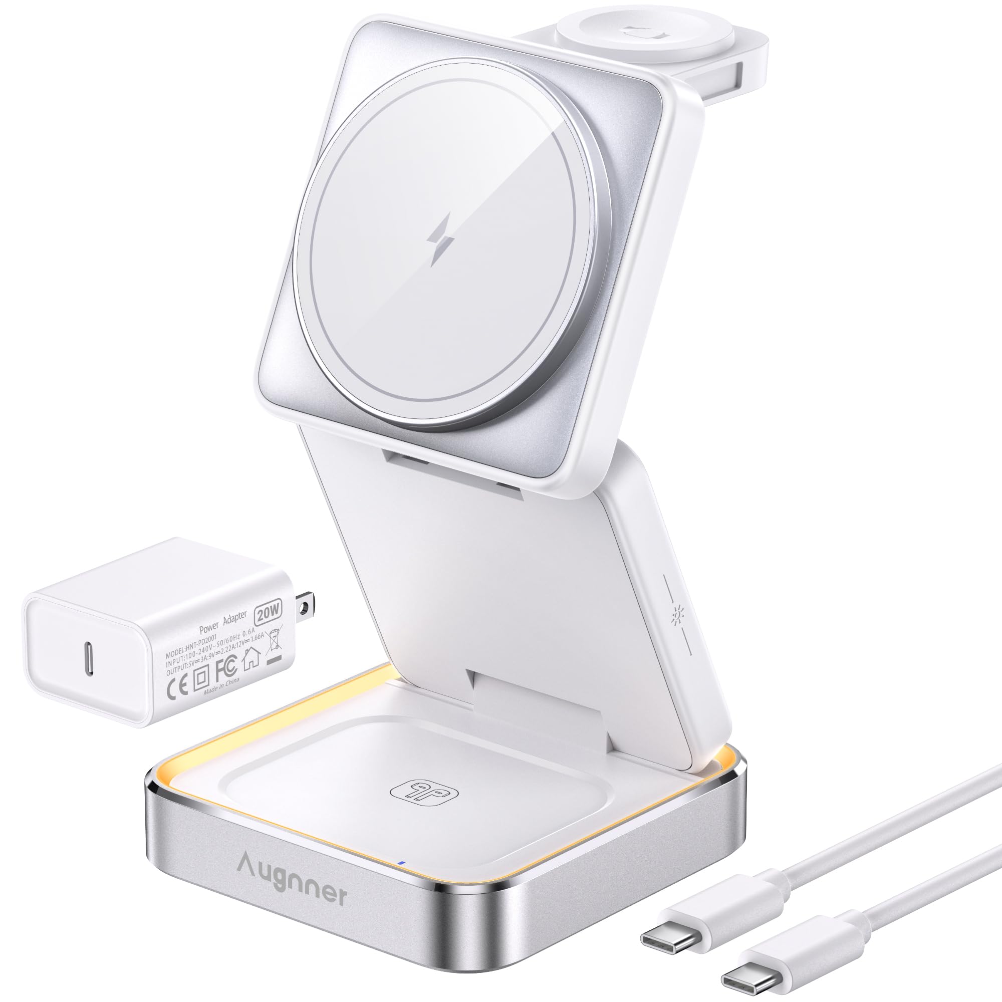 Photo 1 of ?2025 Upgraded?Wireless Charger 3 in 1, Foldable Wireless Charging Station with Light for Apple MagSafe Charger, Travel Magnetic Charger for iPhone 17/16/15/14/13/12 Apple Watch AirPods (20W Adapter)