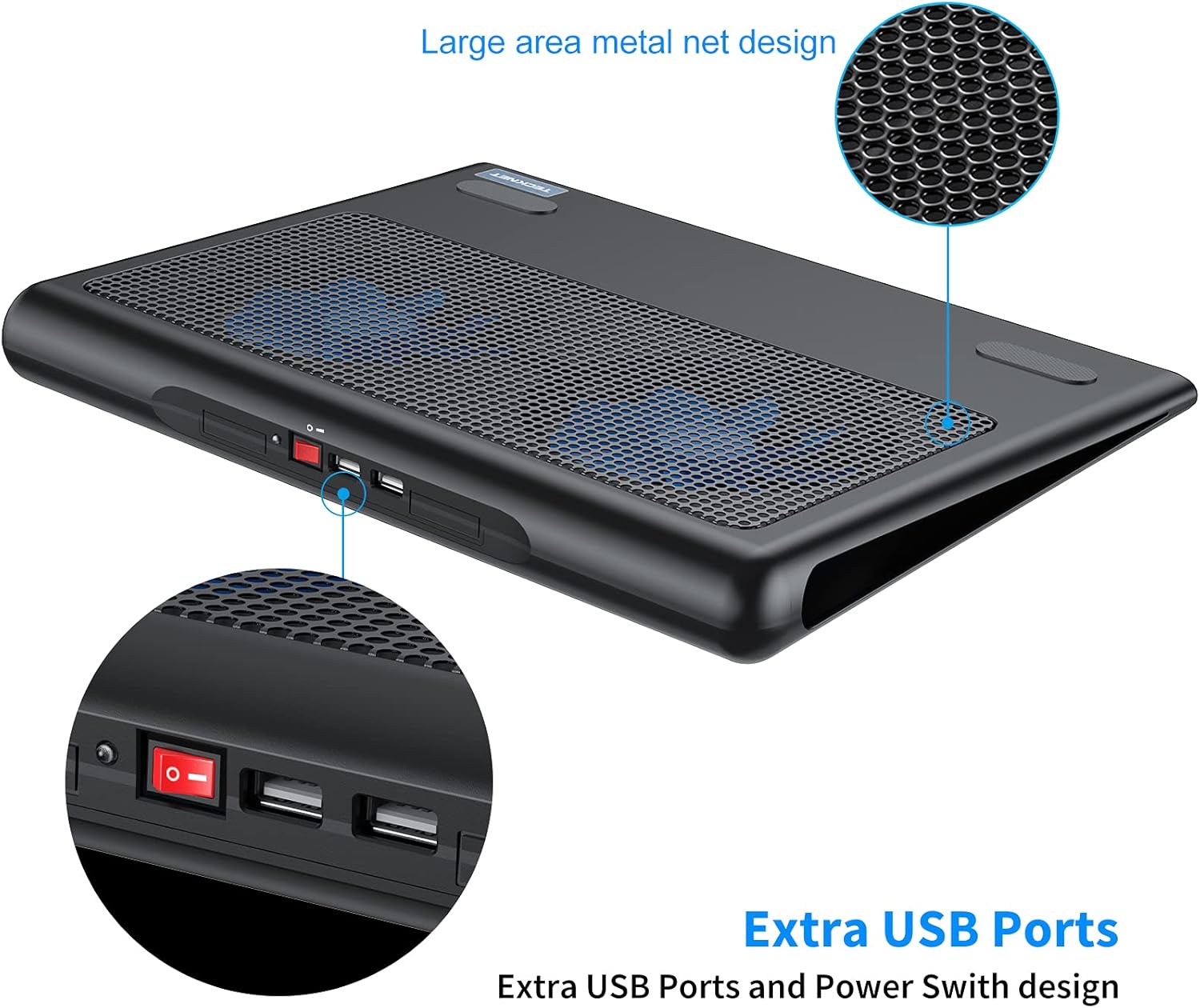 TECKNET Laptop Cooling Pad, Portable Ultra-Slim Quiet Laptop Notebook Cooler Cooling Pad Stand with 2 USB Powered Fans, Fits 12-16 Inches (Blue): Computers & Accessories