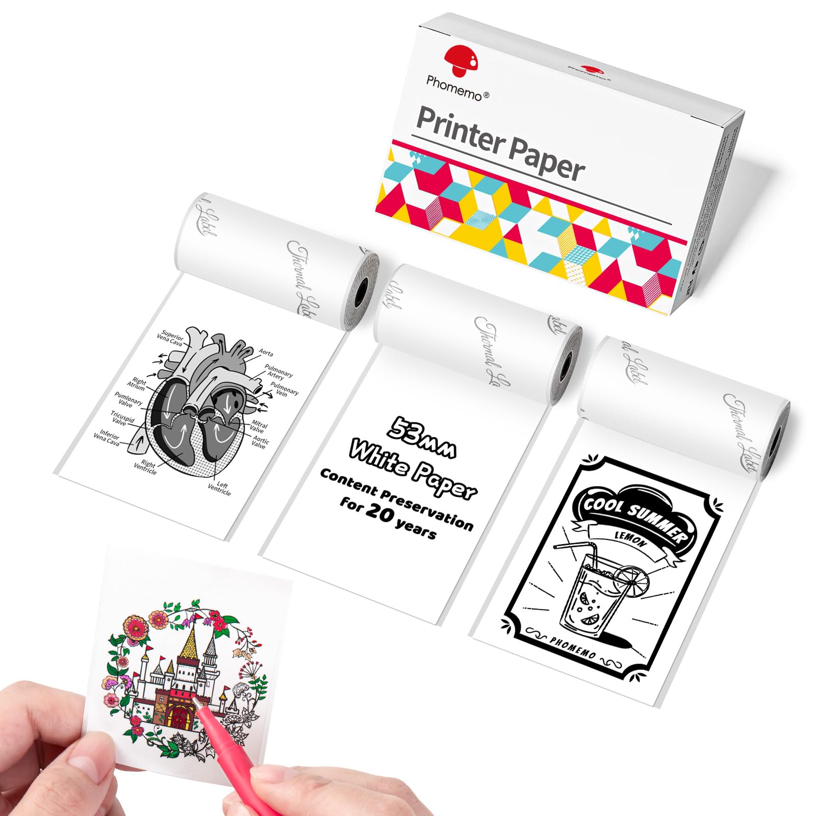 Phomemo White Printer Paper for M02/M02Pro/M02S/P2S/M03/M04S/M04AS Mini Sticker Printer, 50 mm x 3.5 m, 3 Rolls, Printed Content Storage Time 20 Years