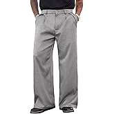PLEPAN Men's Wide Leg Dress Pants Baggy Pleated Casual Trousers Relaxed Fit Elastic Waist Business Slacks