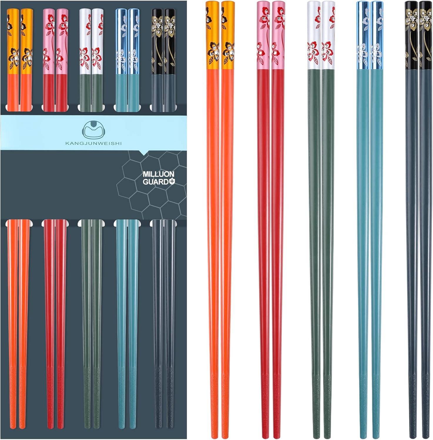 Slivek Chopsticks Reusable, Premium Japanese Chinese Korean Chopsticks Dishwasher Safe, Non-slip, Lightweight, 9.05 inches - Rainbow Colorful, 5 Pairs