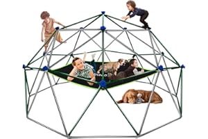 Hisecome Climbing Dome, 10FT Dome Climber with Hammock for Kids 3 to 8 Outdoor Play Equipment, Supports up to 800lbs Jungle Gym, Anti-Rust, Easy Assembly, Gift for Kids, Green+Grey