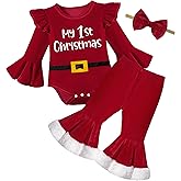 Oranchids Baby Girl Christmas Outfit Ruffle Long Sleeve My 1st Christmas Romper + Velvet Bell Bottoms + Headband 3Pcs