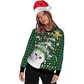 COLORFUL BLING Green Christmas Ugly Sweater Women Tree Cat Sweatshirt Men Crewneck Graphic Pullover Party, M
