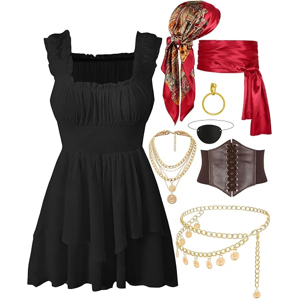 Disfraz De Pirata Para Mujer – Set De 4 Piezas: Vestido Blanco Con Corsé, Pañuelo Y Bufanda De Cintura, Ideal Para Carnaval Y Cosplay