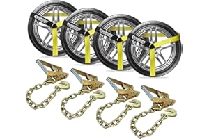 Cureder Car Tie Down Straps for Trailers with Heavy Duty Chain Anchors (4 PK) - 2 Inch x 10 Feet - 3,300 lbs Safe Working Load, Wheel Straps for Hauling Cars,Tire Straps for a Car Trailer