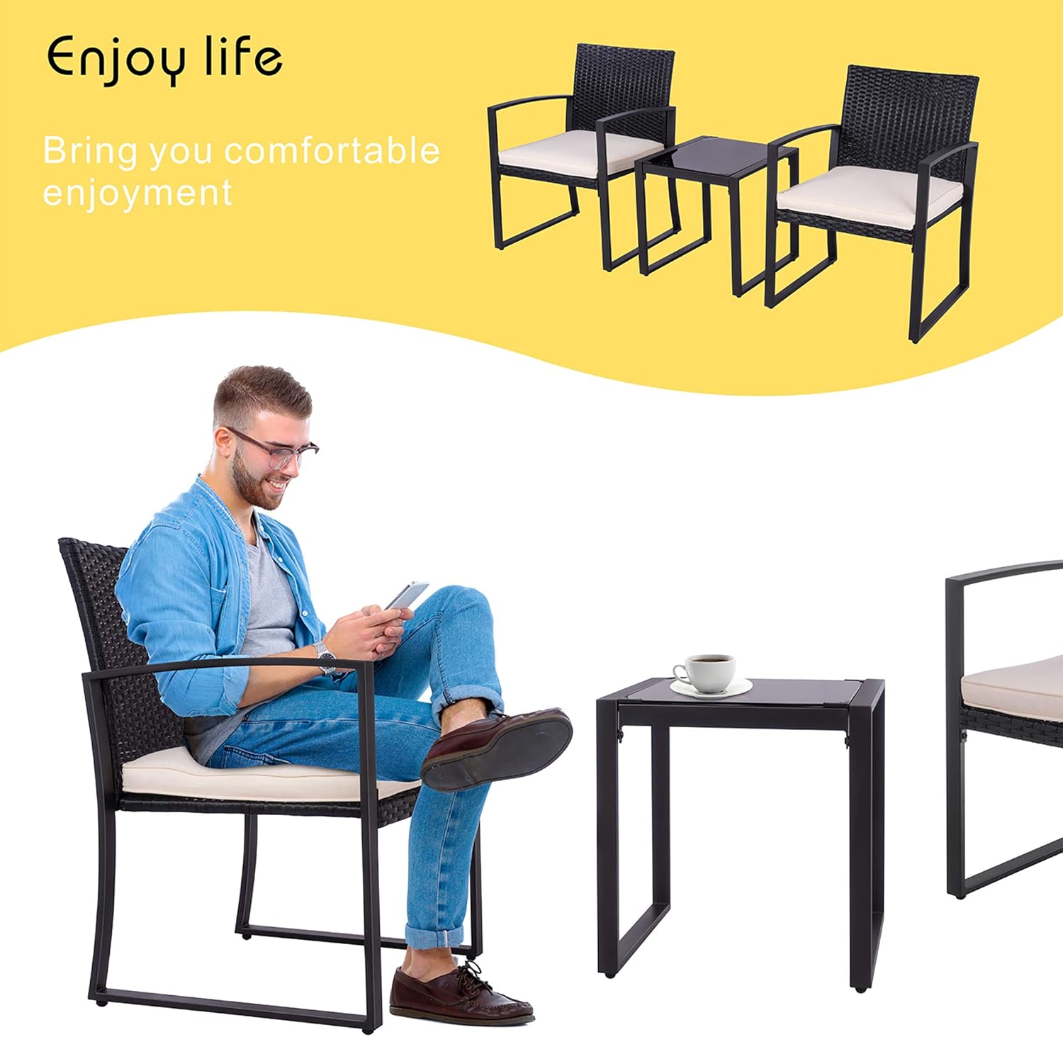 SUNLEI Outdoor 3-Piece Bistro Set Black Wicker Furniture-Two Chairs with Glass Coffee Table (Beige Cushion): Garden & Outdoor