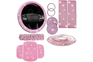 10PCS Car Interior Accessories Set with Rhinestone Steering Wheel Cover, Phone Holder, Sparkly Coaster and Decorative Strips(