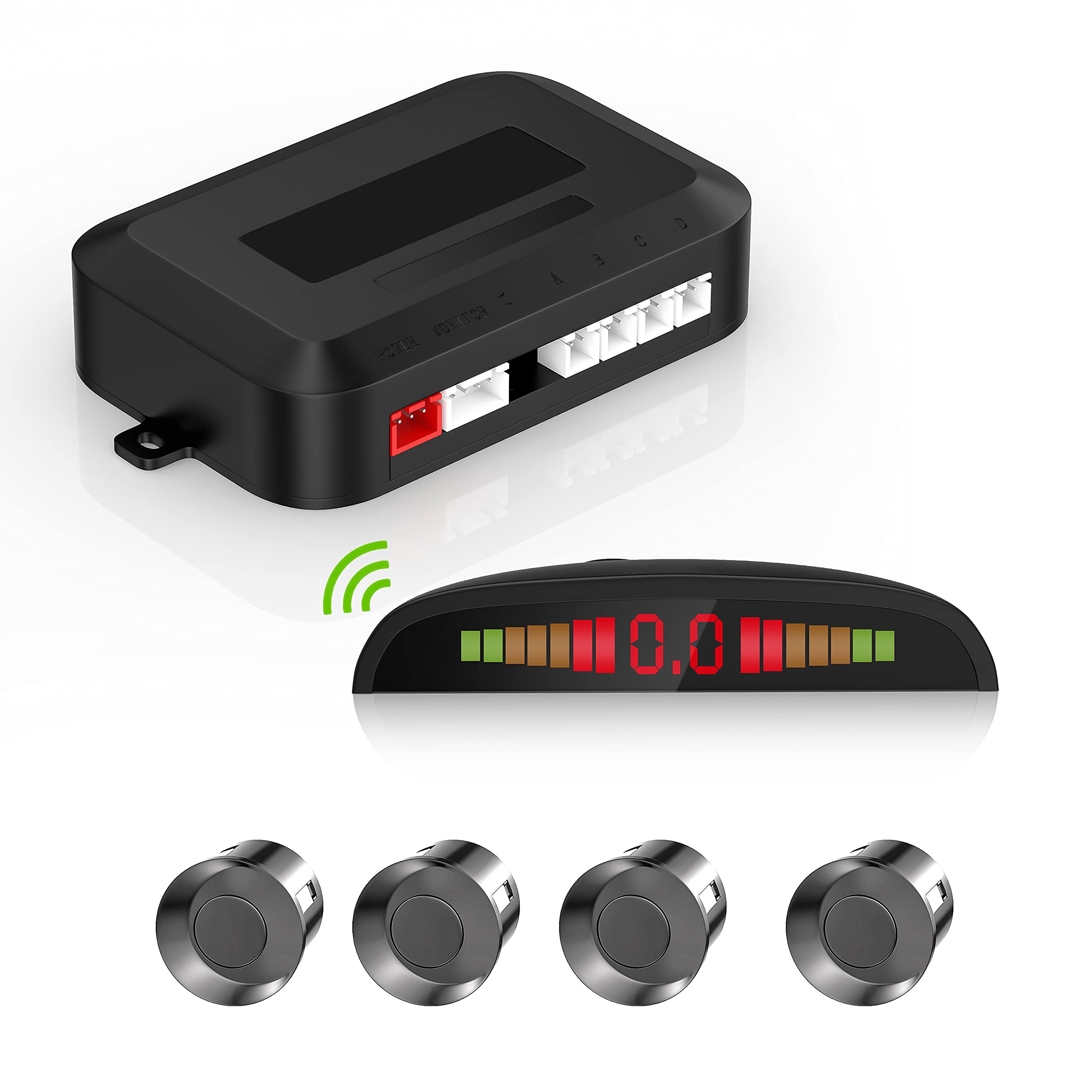 Wireless Parking Sensors for Car with 4 Reversing Sensors, Wireless LED Distance Display with Sound Warning + 4 Gray Color Car Reverse Parking Sensor for Cars Vans RV Trailer — image 1