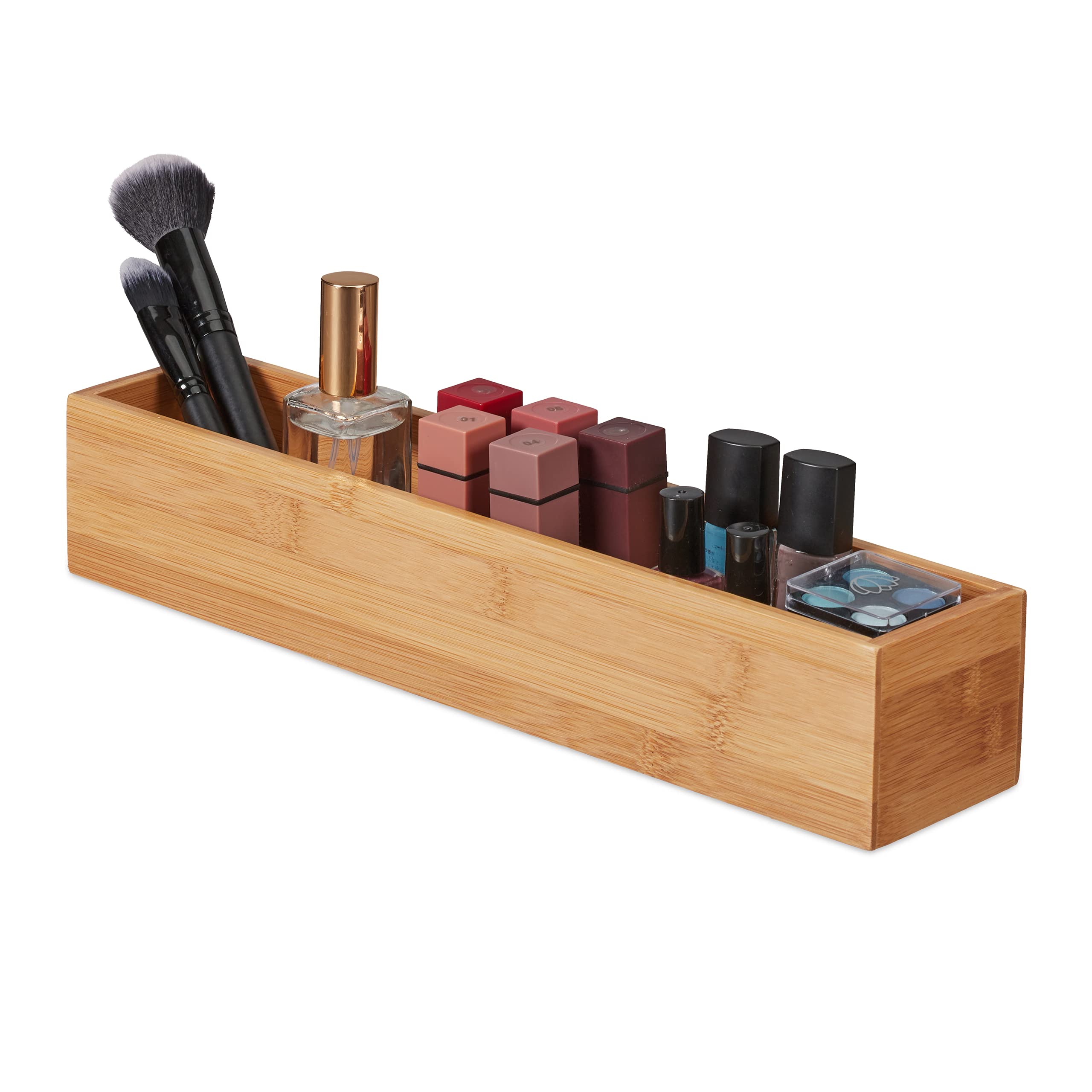 Relaxdays Bamboo Box, Storage Bathroom, Kitchen & Desk, Elongated & Narrow, Organiser, Container, 7 x 38 x 8 cm, Natural