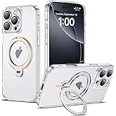 AmoraAqua Compatible with iPhone 16 Pro Max Case with 360° Spin Magnetic Ring Stand [Compatible with Mag-Safe] Camera Lens Protector Plating Clear Phone Case for iPhone 16 Pro Max 6.9", Clear