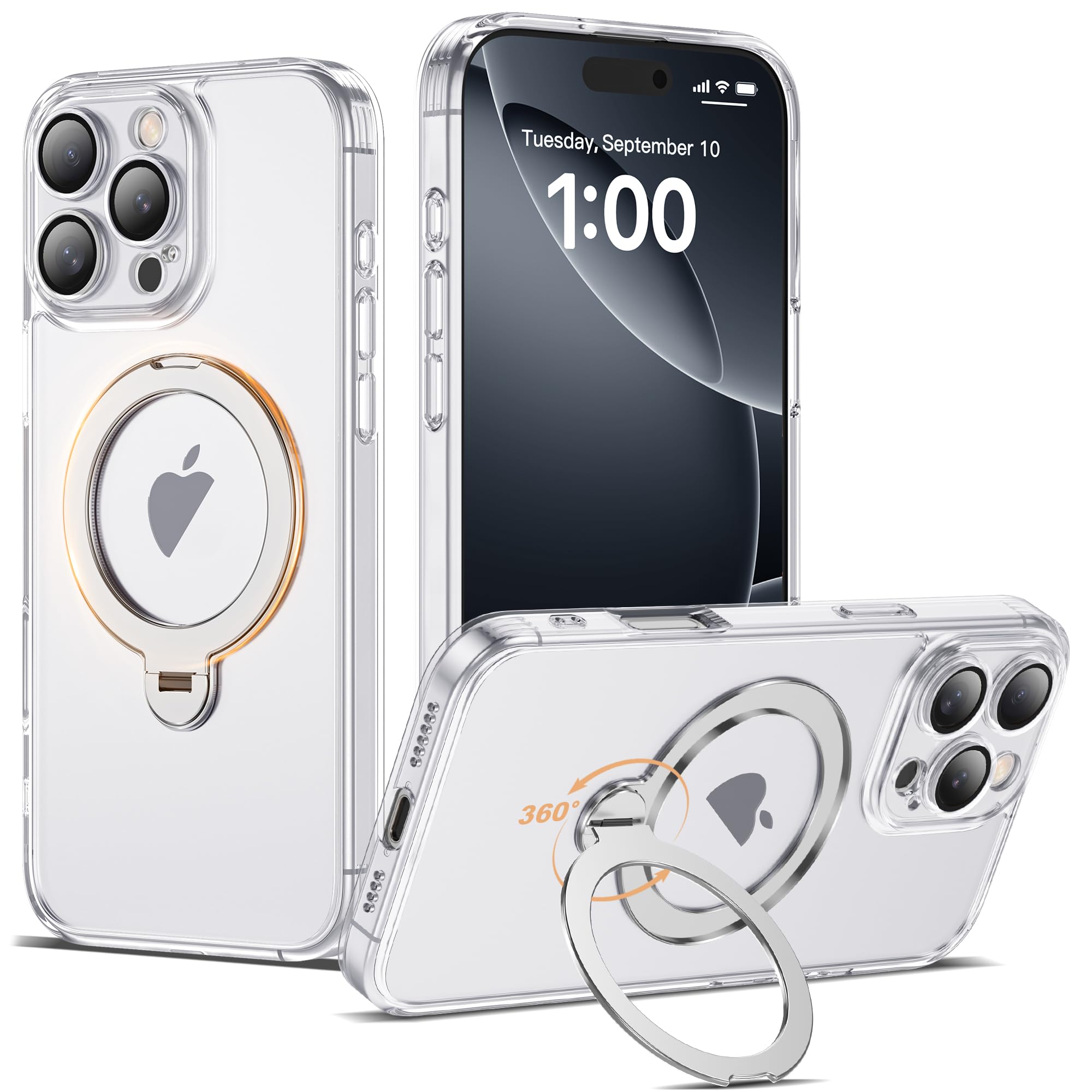 Photo 1 of AmoraAqua Compatible with iPhone 16 Pro Max Case with 360° Spin Magnetic Ring Stand [Compatible with Mag-Safe] Full Camera Lens Protector Plating Clear Phone Case for iPhone 16 Pro Max 6.9", Clear
