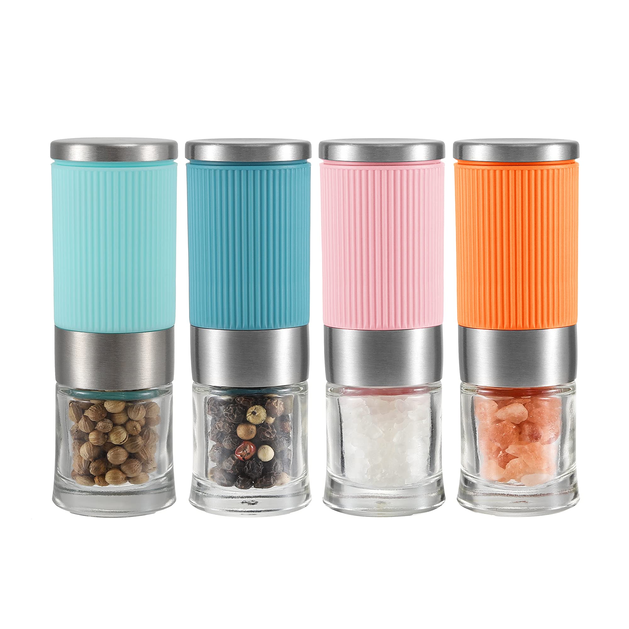 Vevok Chef 4pcs Colorful Mini Size Salt and Pepper Grinder, Adjustable Coarseness, Portable Travel Set Pepper Mills Refillable Peppercorn Ceramic Grinder
