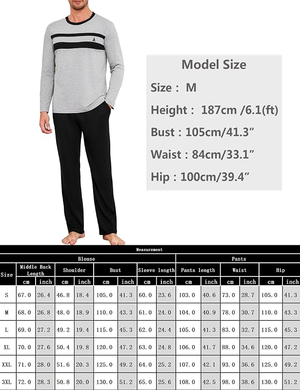 Pyjamas en Coton pour Hommes Pyjamas Longs Deux Pièces Loungewear Pyjama Long Automne Et Hiver Élastique Ajustable Pantalon De Pyjama S-3XL — photo 6 sur 8