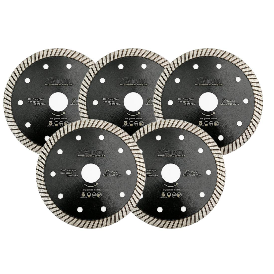 SHDIATOOL Diamond Super Thin Blade for Porcelain Ceramic Tile Granite 5PK Dia 125MM / 5 Inch Turbo Cutting Disc