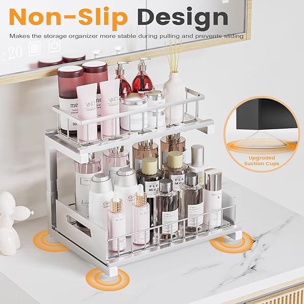 TOYEAR UNDER SINK ORGANIZER, HEAVY DUTY METAL PULL OUT CABINET ORGANIZER SLIDE OUT SINK SHELF ORGANIZER HEIGHT ADJUSTABLE, MULTI-PURPOSE STORAGE SHELF FOR KITCHEN BATHROOM(SLIVER,1PACK)