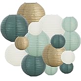 BEISHIDA 16 Pcs Sage Green Gold Paper Lanterns,Hanging Decorative Chinese Japanese Round Paper Lantern Lamp for Birthday Wedding Baby Bride Shower Home Party Decoration