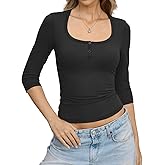 Eachyes Womens 3/4 Length Sleeve Tops Scoop Neck Henley Shirts Slim Fit Basic Tees Spring Outfits Clothes 2026