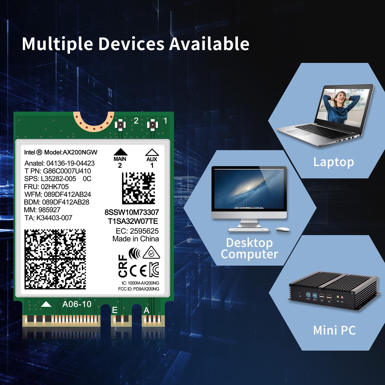 WiFi 6 Wireless Card Intel AX200 NGW, Bluetooth 5.2, 2400Mbps Network Adapter for Laptop Support Windows 10/11 (64bit) M.2/NGFF