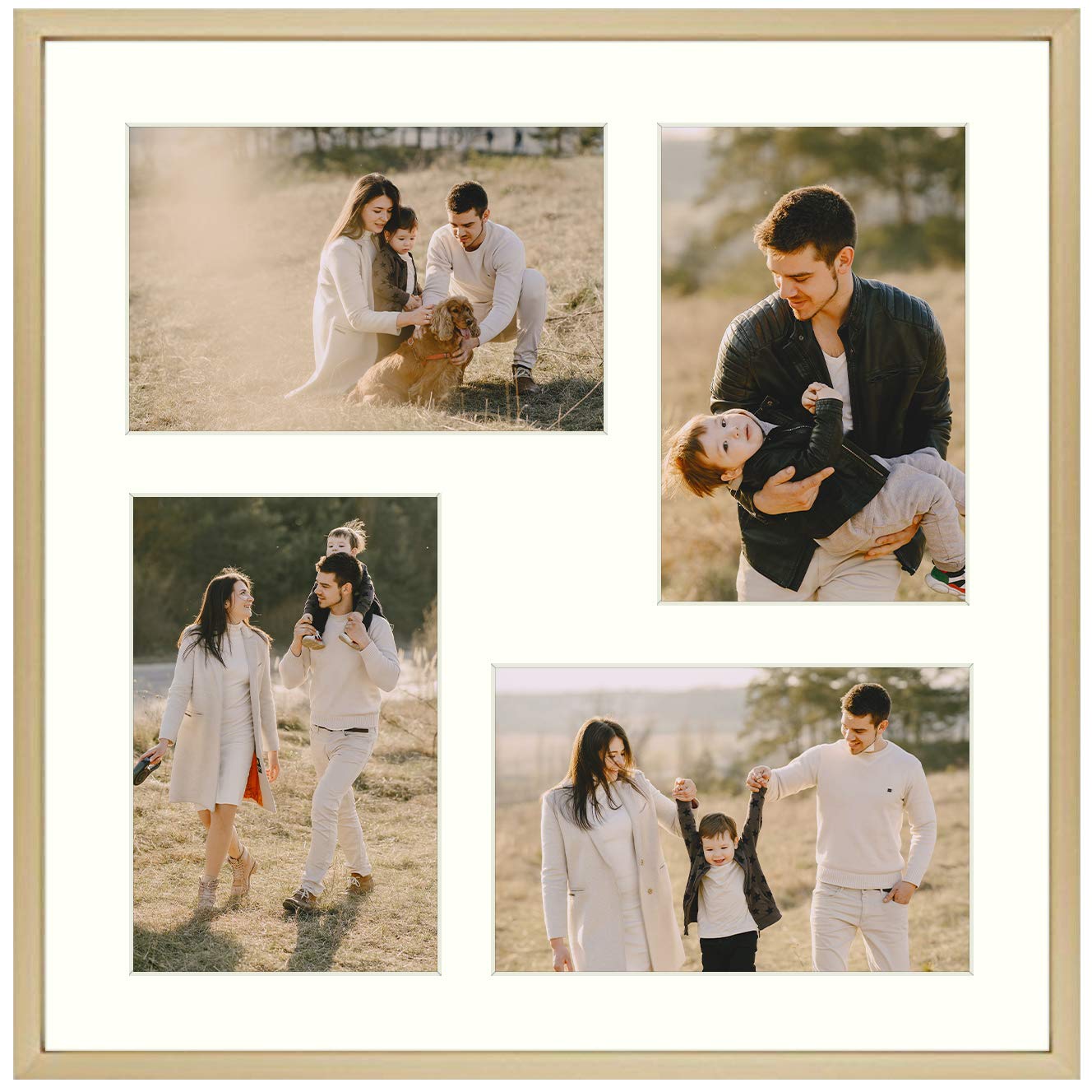 Frametory,12x12 Picture Frame - for Four 4x6 Photos, Aluminum Metal Molding - Four Opening Ivory Mat - Wall Display - Great for Wedding, Graduation, Engagement Photographs (Gold)