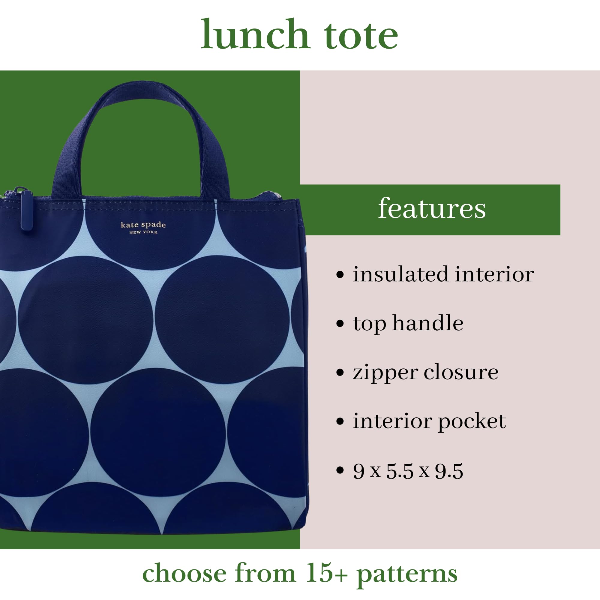 kate spade new york Kate Spade New York, Portable Soft Cooler Lunch Bag with Silver Insulated Interior Lining and Storage Pocket, Joy Dot