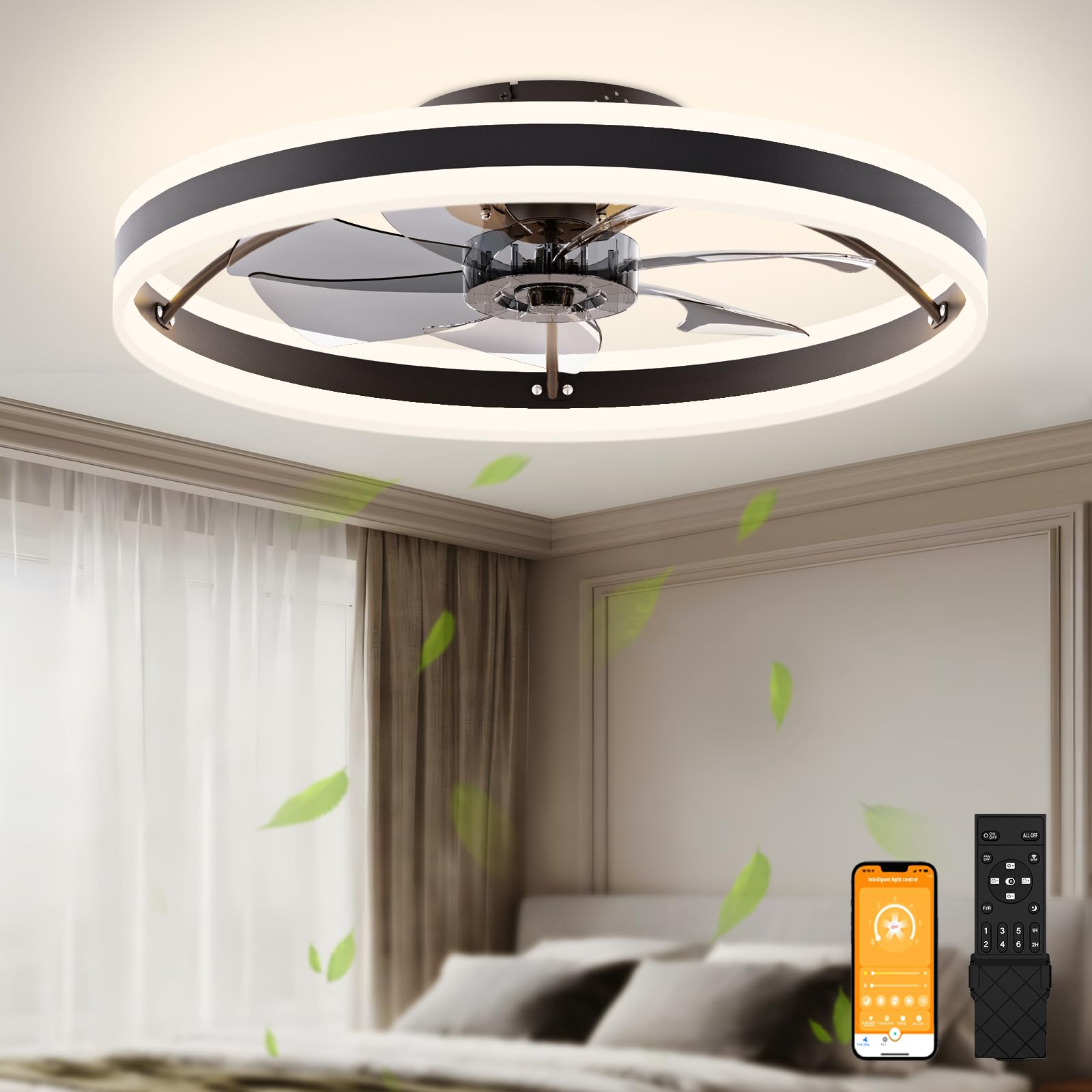 Photo 1 of ***PARTS ONLY ***VOLISUN Low Profile Ceiling Fans with Lights and Remote, 23.6in Flush Mount Ceiling Fans with Light, 3000K-6500K Dimmable Fandelier LED Fan Light, Black Bladeless Ceiling Fans with Lights for Bedroom