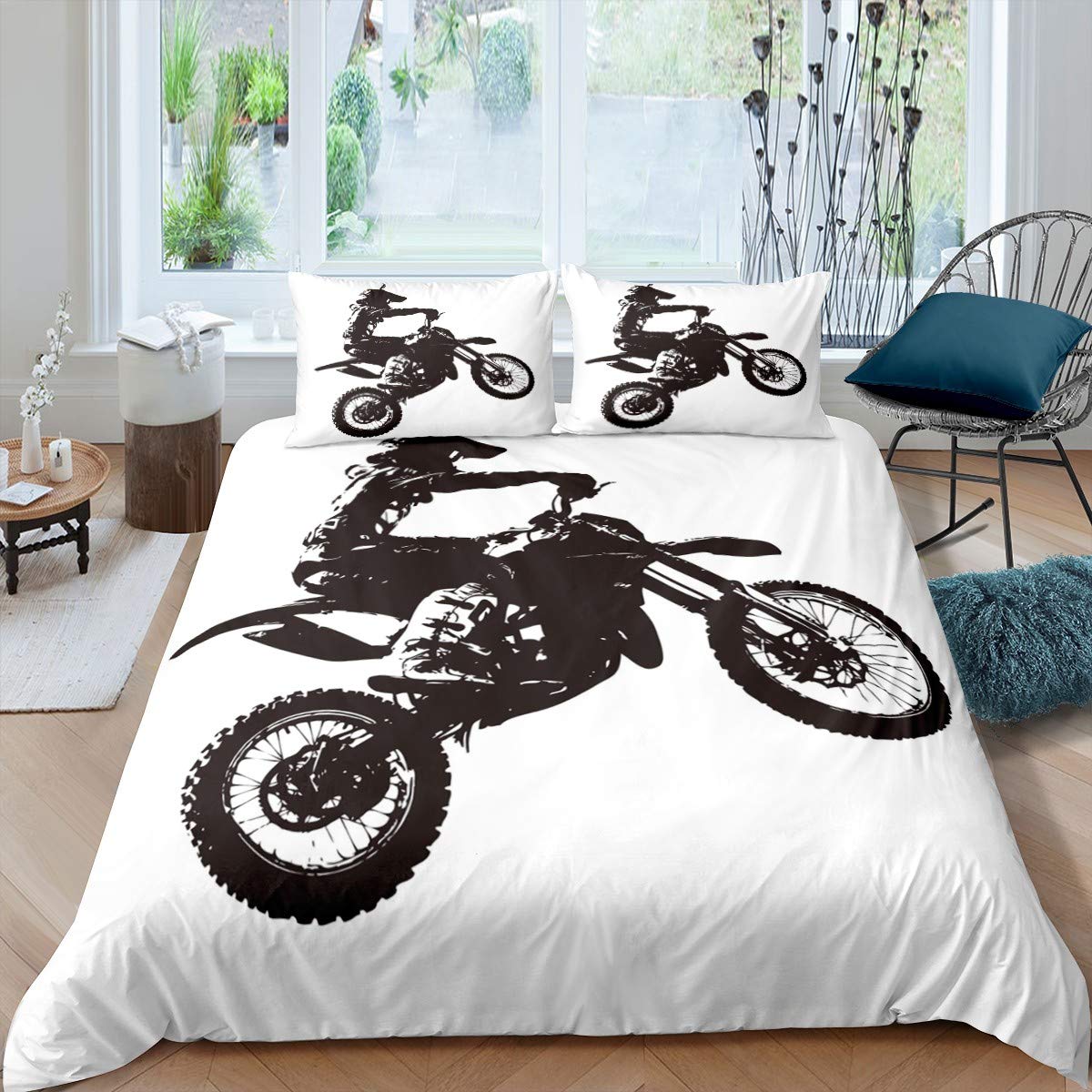 Homewish Teens Dirt Bike Bedding Set Motorbike Sport Duvet Cover Single Size Motocross Rider Comforter Cover For Kids Boys Adult Bedroom Motorcycle Extreme Sport Quilt Cover Black White