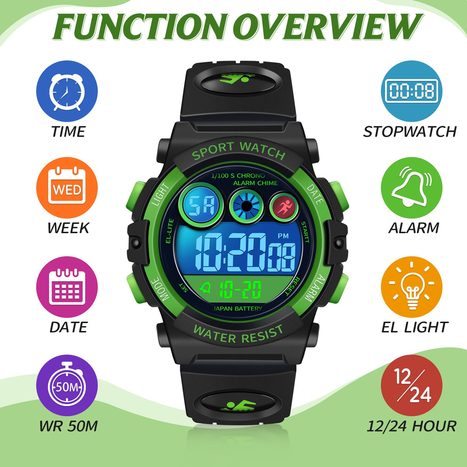 Dayllon Kids Digital Watch,Boys Digital Outdoor Sport Waterproof Watch,with Calendar 12/24H Alarm 7 Colorful Backlight Stopwatch Wristwatch for 3-15 Years Old