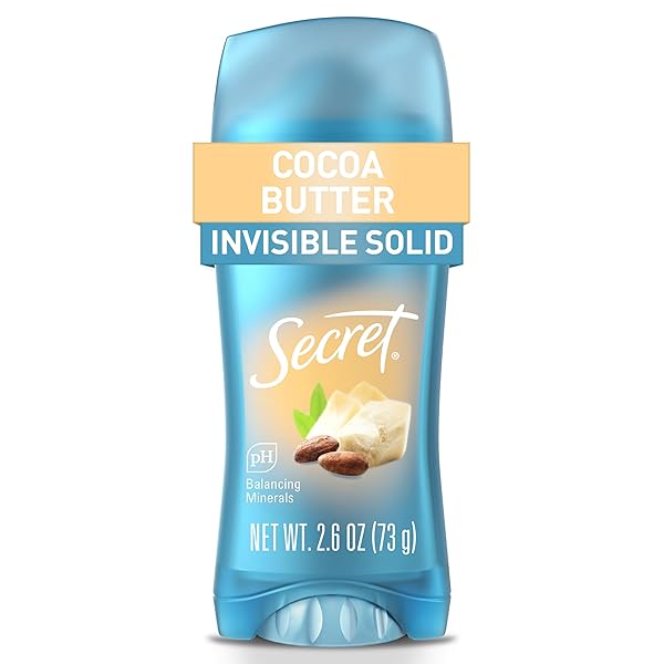 SECRET FRESH ANTIPERSPIRANT DEODORANT FOR WOMEN, 72HR BREATHABLE SWEAT & ODOR PROTECTION, INSTANT FRESHNESS & GENTLE, PH BALANCING MINERALS, INVISIBLE SOLID, COCOA BUTTER SCENT, 2.6 OZ
