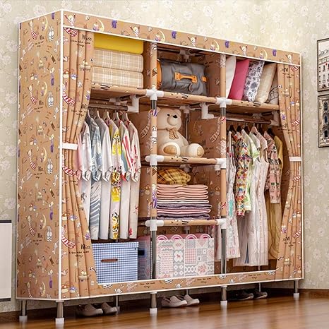 Amazon ワードローブ収納クローゼット シンプルな布のワードローブスチールパイプ大胆な補強ストレージキャビネット組み立て簡単 組み合わせ戸棚 色 オレンジ ワードローブ オンライン通販