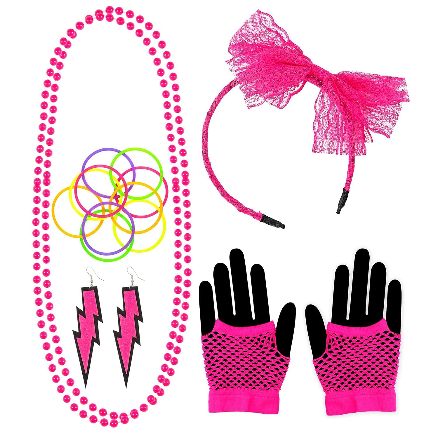 Widmann - 80s fashion fancy dress set, neon, headband, pearl necklaces, earrings, fingerless mesh gloves, 10 bracelets, disco, 80s, carnival, theme party