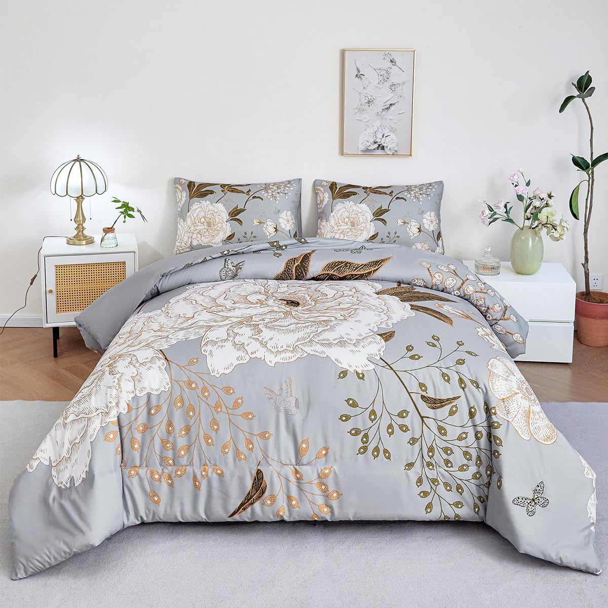 STYHO 3Pcs Grey Duvet Cover Floral Double Farmhouse Large Blossom Flower Bedding Set Soft Aesthetic Butterfly Leaves Printed Duvet Cover Set for Women Adults(Grey, Double)
