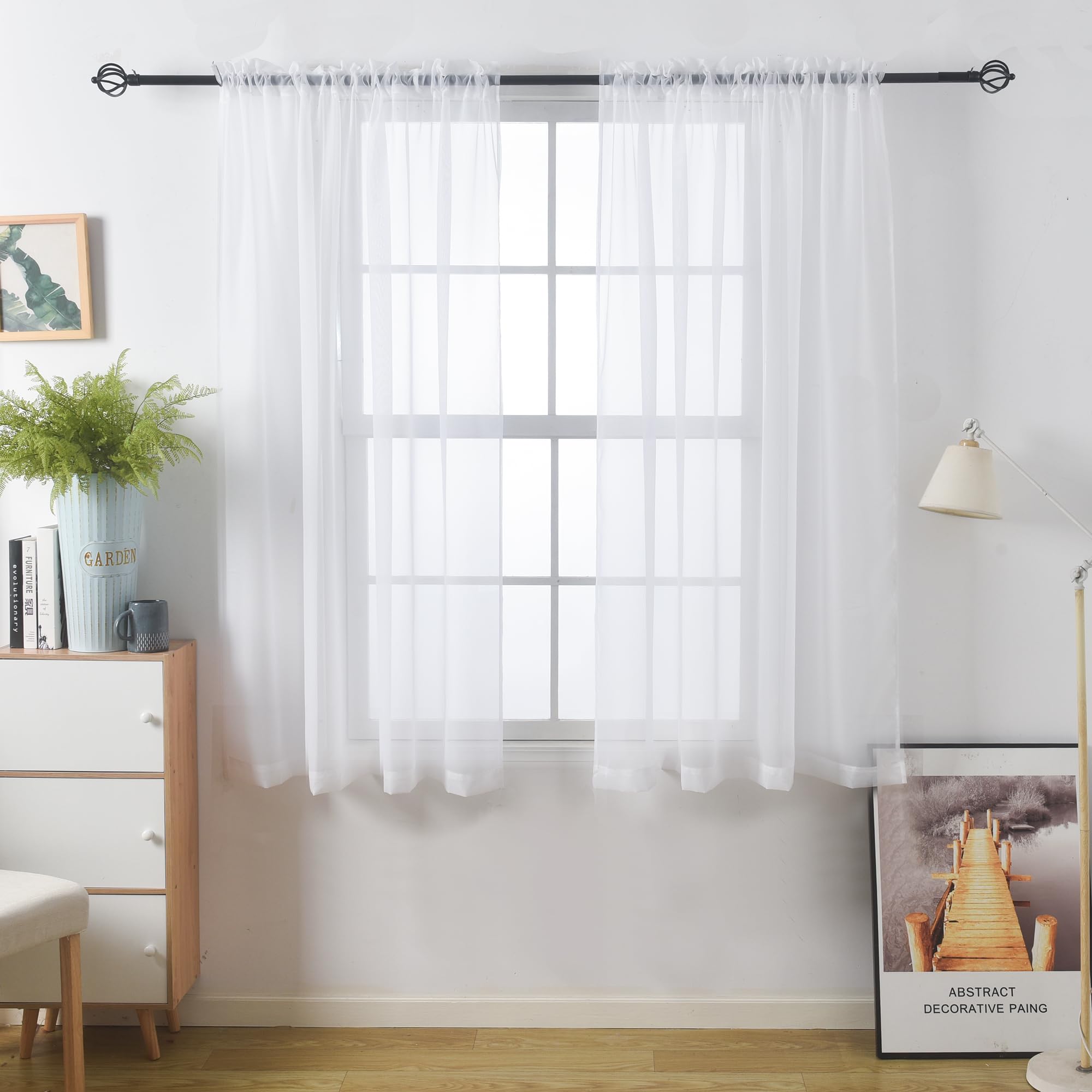 Aquazolax White Curtains Nets for Windows - Pair of Rod Pocket Voile Door Panels with Tie Backs for Bedroom/Living Room, 54x63 inch/ 137x160cm, Off White