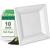 Qi Boo Square Paper Plates 10 Inch [100-Pack] Compostable Eco Friendly Disposable Plates Heavy Duty, Biodegradable Recycled Bagasse Plates, Large Paper Dinner Plates, Sturdy White 10" Plate