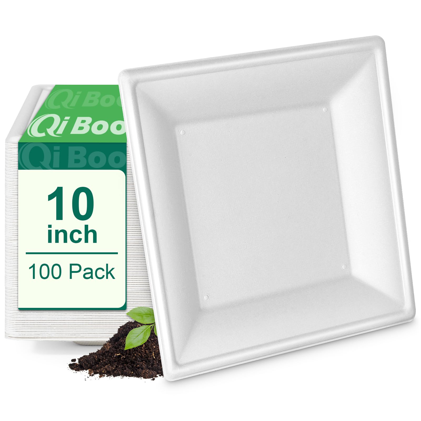 Photo 1 of Qi Boo Square Paper Plates 10 Inch [100-Pack] Compostable Eco Friendly Disposable Plates Heavy Duty, Biodegradable Recycled Bagasse Plates, Large Paper Dinner Plates, Sturdy White 10" Plate