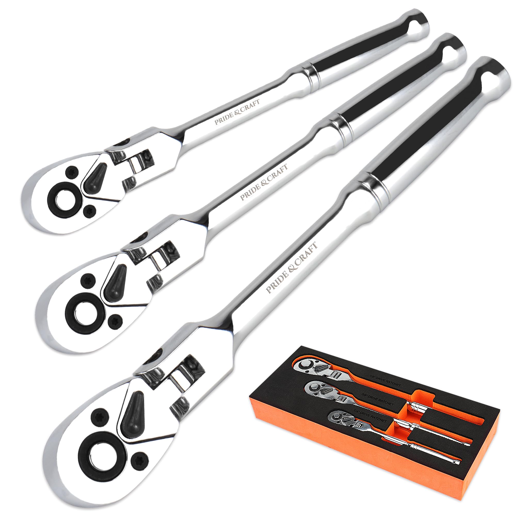 PRIDE&CRAFT 3pc Flex Head Ratchet Wrench Set, 1/4", 3/8", 1/2" Drive, 72-Tooth, Socket Wrench Quick Release Reversible Design, Chrome Alloy Made, EVA Organizer