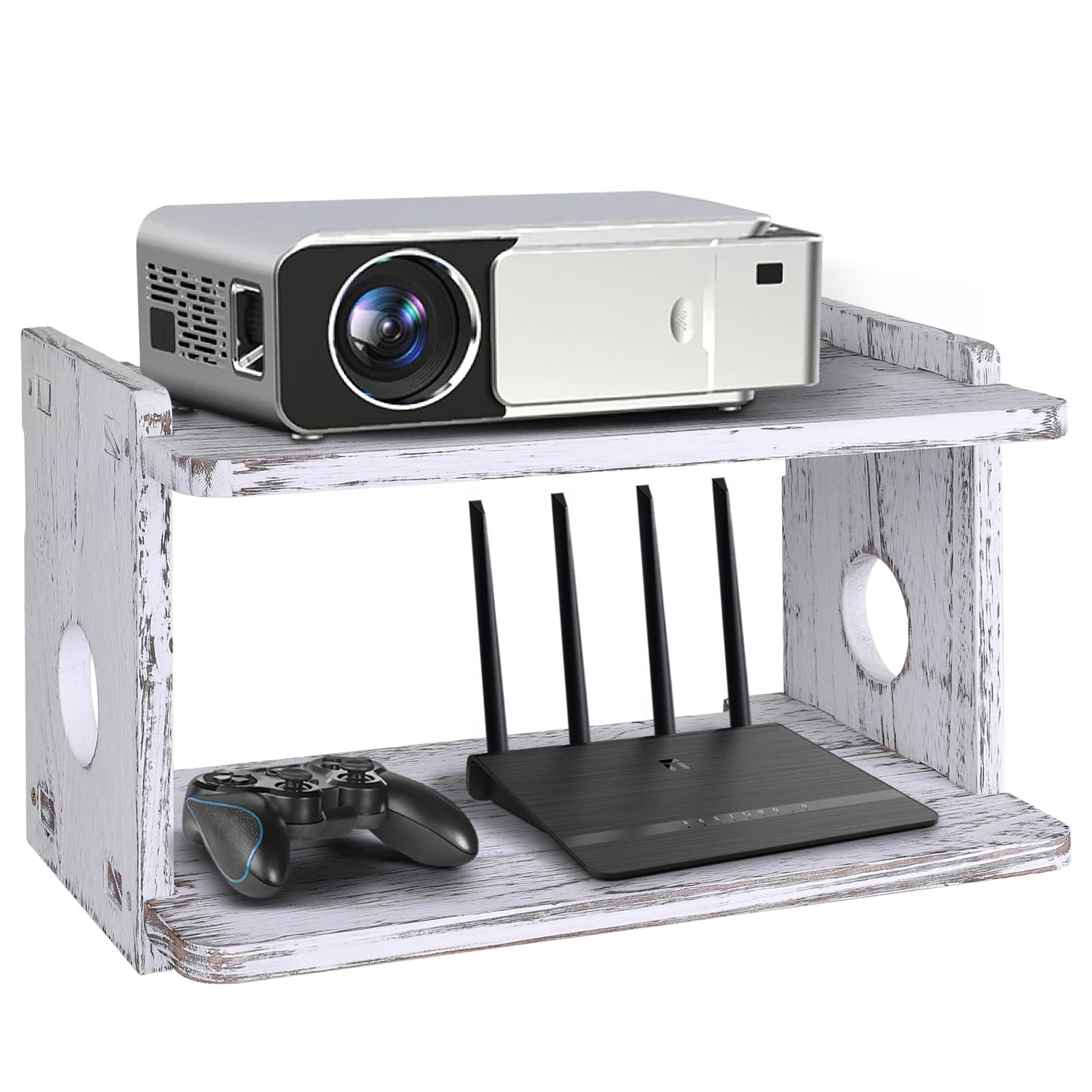 BEARUT Wooden Floating Projector Shelf Rack Router Shelf Wall Mount Holder TV Stand WiFi Router Storage Box Modem Cable Box Cover Hider TV Shelf for Xbox DVD Players Games Consoles TV Accessories
