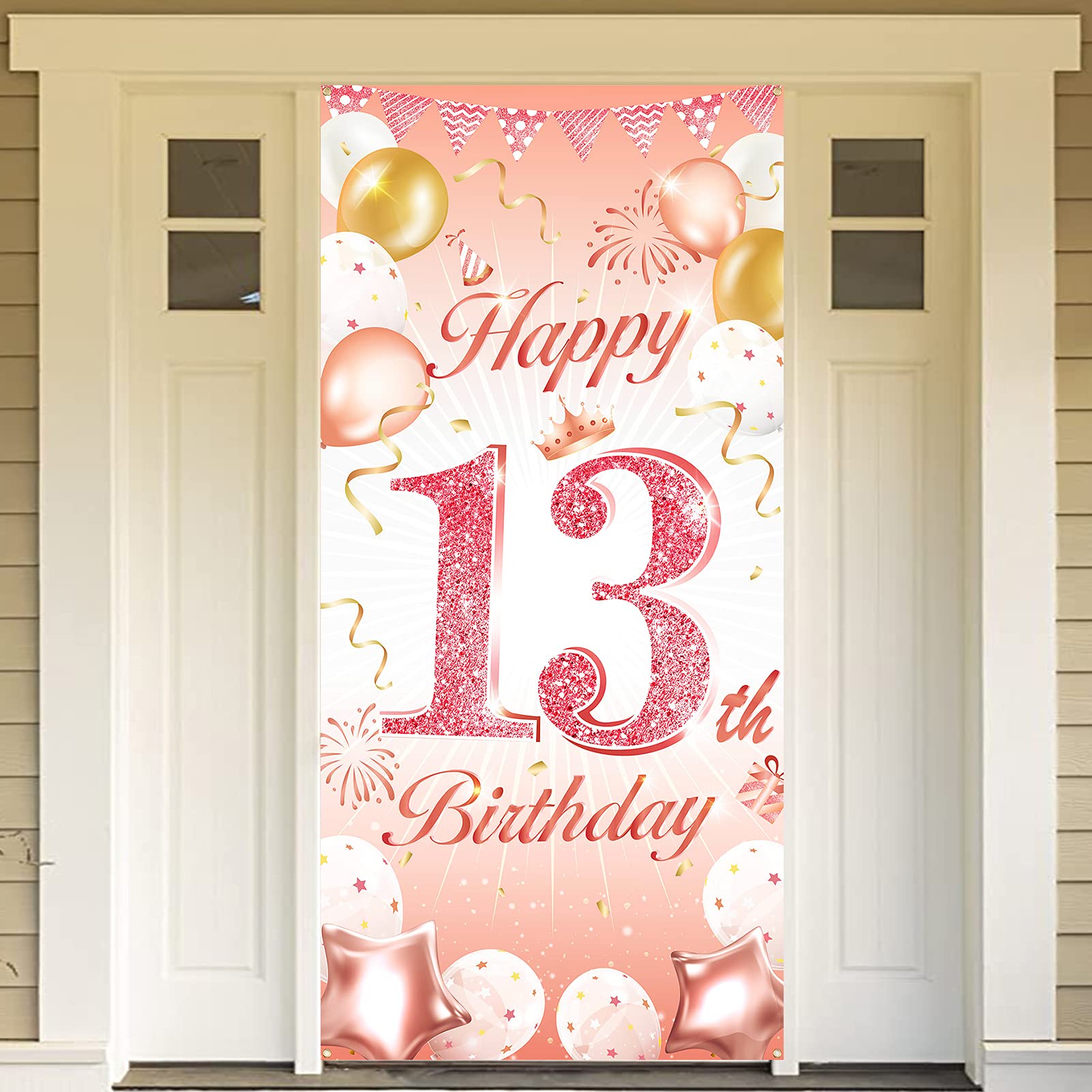 DPKOW Rose Gold 13th Birthday Party Decoration Girl, Rose Gold 13th Birthday Banner for Backdrop Door Decoration for Garden Table Wall, 185 x 90cm Fabric