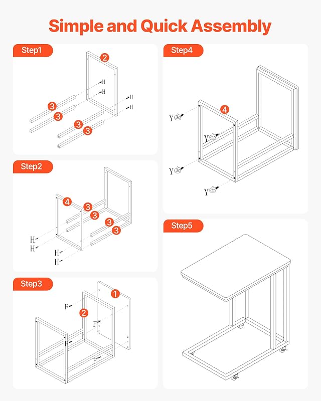 Mesa de cabeceira em forma de C, mesa de centro em C de 500 x 350 x 605 mm com estrutura e rodas metálicas, mobiliário para portátil para sala de estar, quarto, escritório, castanho e preto