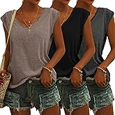 Tankaneo 3 Pack Womens Cap Sleeve Tops V Neck Loose Fit Tshirts Spring Summer Casual Basic Tees