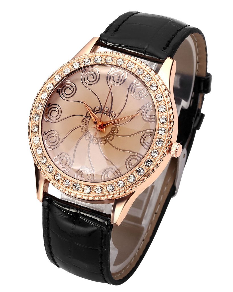 Top Plaza Womens Fashion Crystal Accented Brown Volume Flower Analog Quartz Wrist Watch Black Band