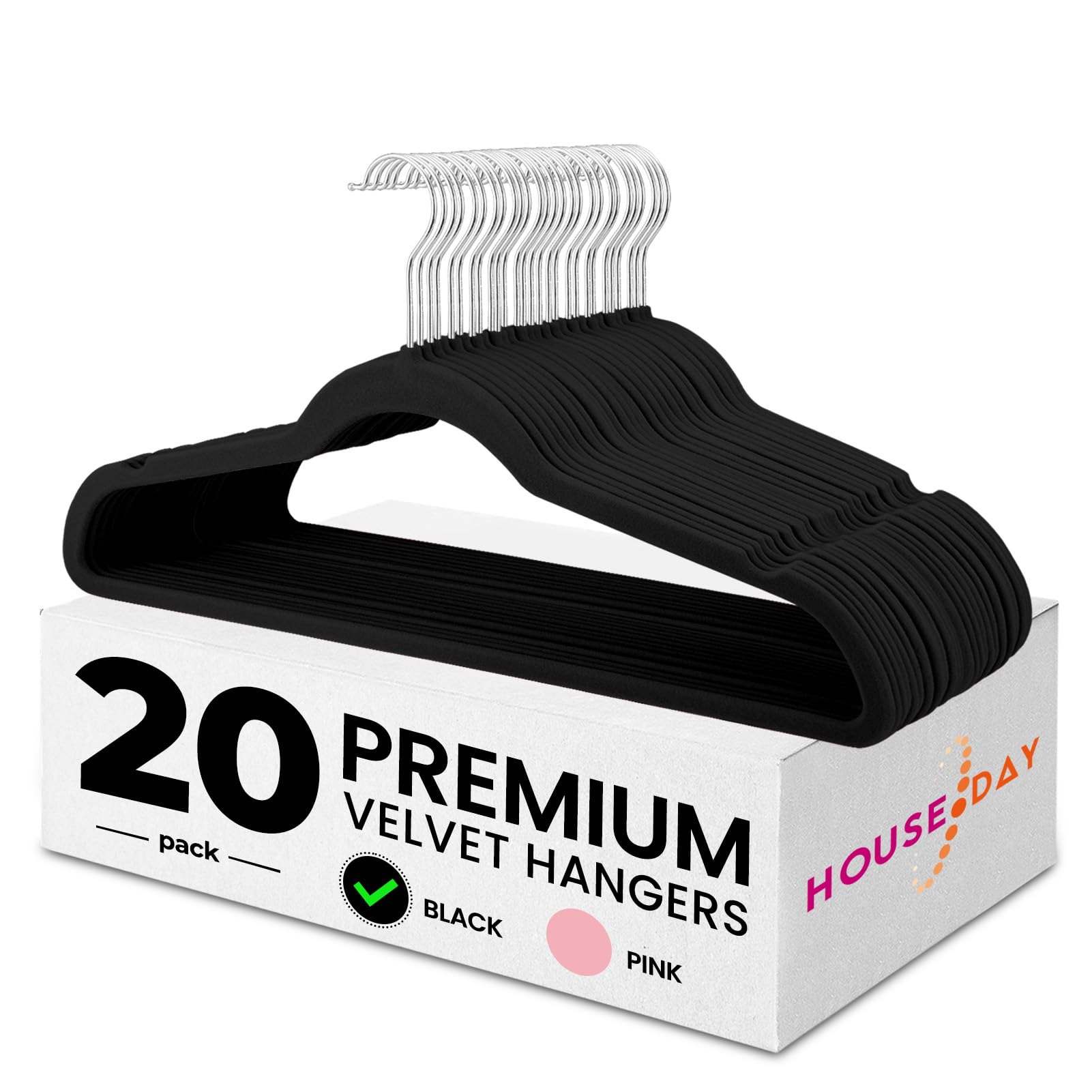 HOUSE DAY Velvet Hangers 20 Pack - Coat Hangers with Space Saving for Adult(44.5cm), Non-Slip Coat Hanger with 360°Swivel Hook - Durable, High Load Capacity for Skirts, Shirts and Pants(Black)