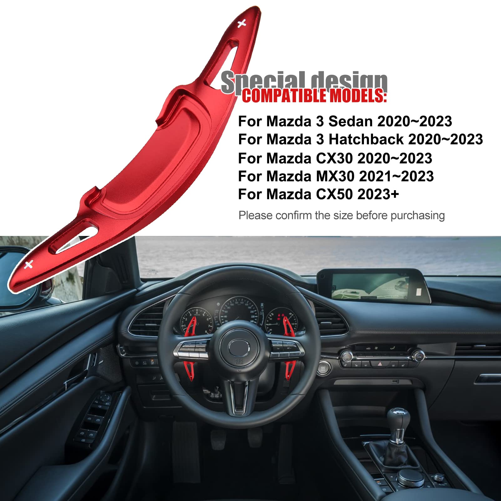 ANFOKAS for Mazda 3 CX-30 MX-30 CX-50 Accessories Sporty Car Dashboard Center Console Paddle Shifter Extension Gears Paddles Cover Trims -Red
