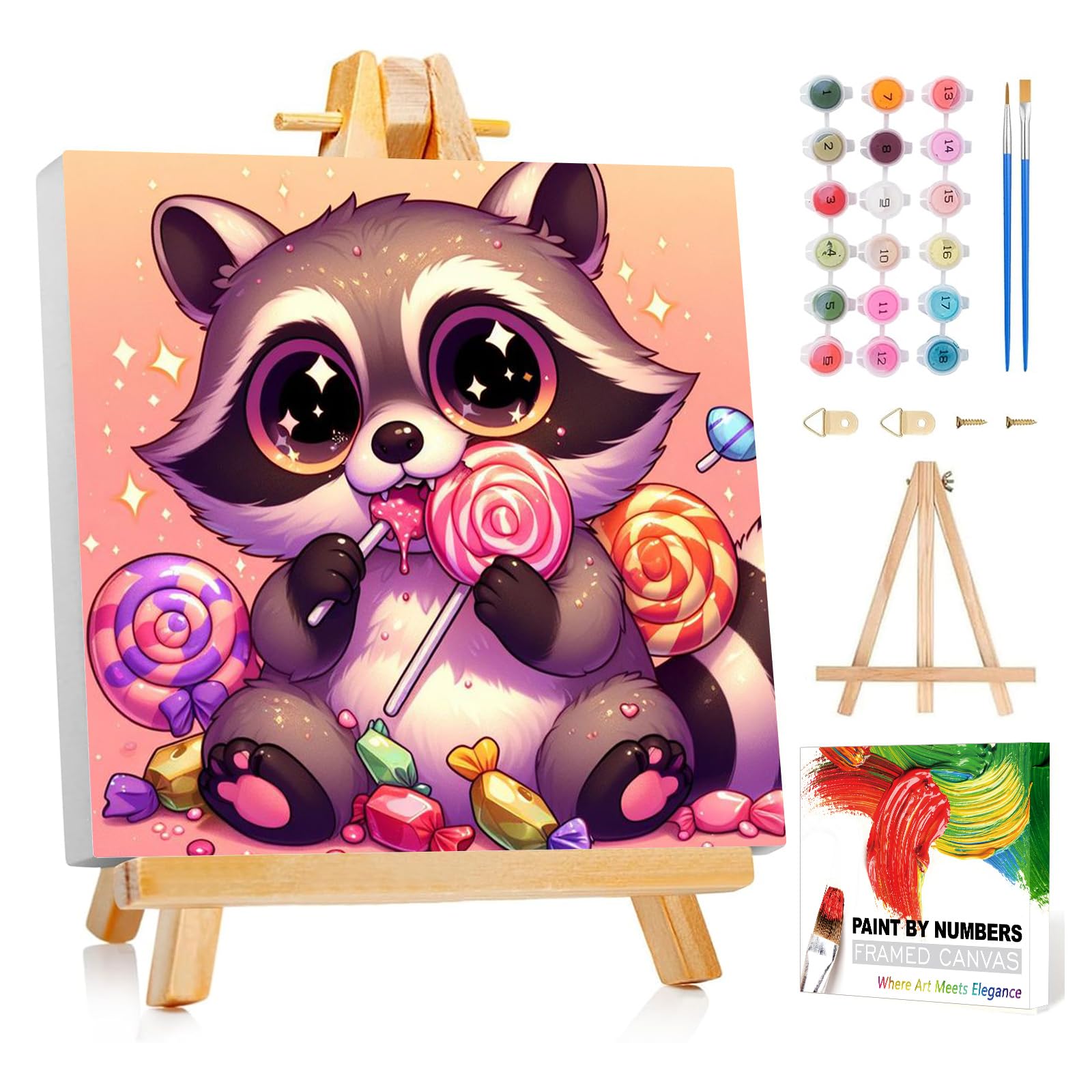 Reivworl Paint by Numbers Kit for Kids with Frame and Easel, Raccoon Paint by Number for Kids Age 6-8-12, Acrylic Paint by Numbers for Gifts and Home Decor (8X8inch)