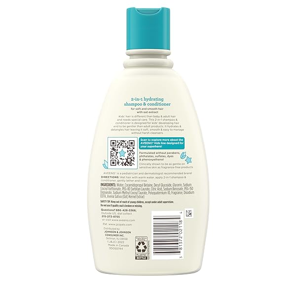 AVEENO KIDS 2-IN-1 HYDRATING SHAMPOO & CONDITIONER, GENTLY CLEANSES, CONDITIONS & DETANGLES KIDS HAIR, FORMULATED WITH OAT EXTRACT, FOR SENSITIVE SKIN & SCALP, HYPOALLERGENIC, 12 FL. OZ