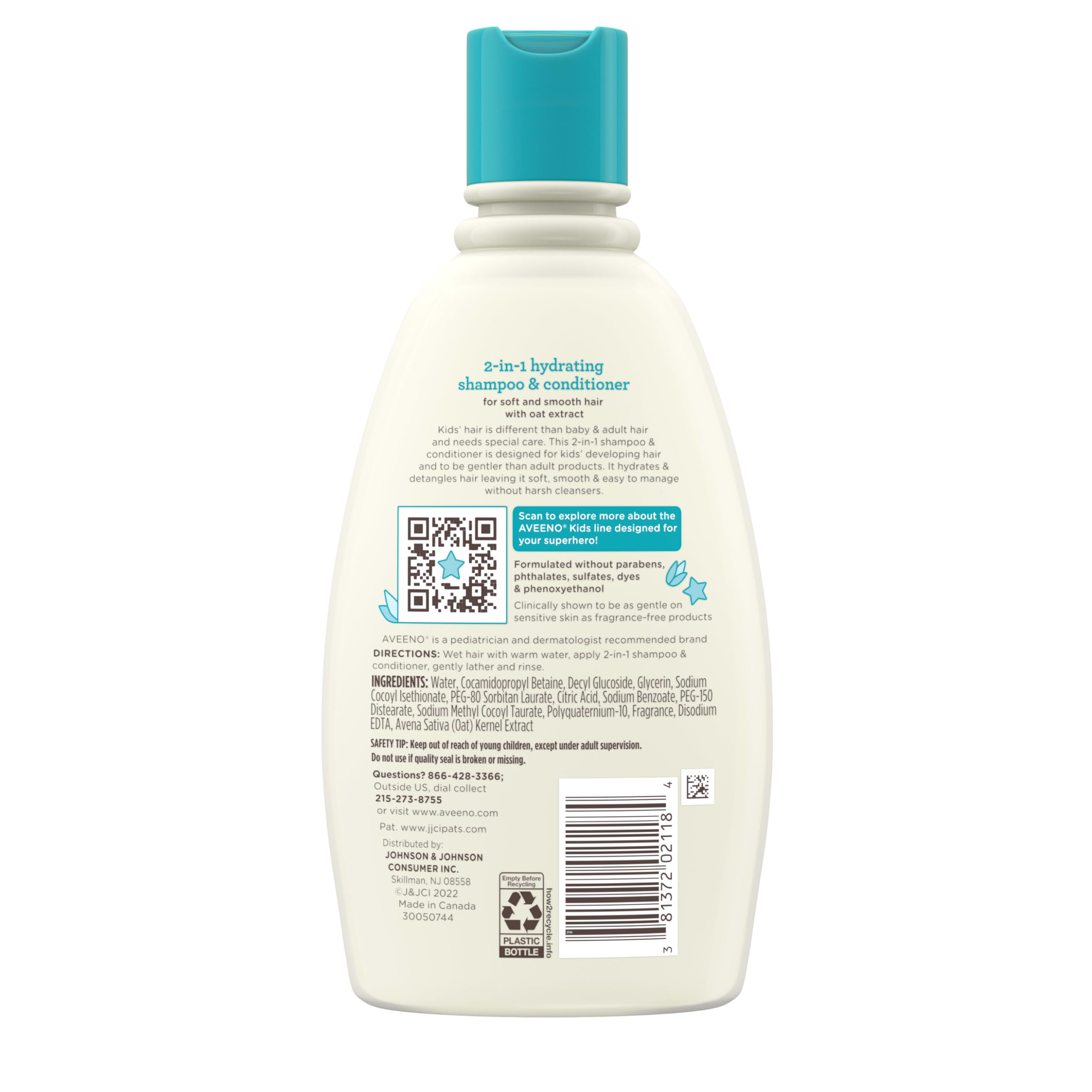 Aveeno Kids 2-in-1 Hydrating Shampoo & Conditioner, Gently Cleanses, Conditions & Detangles Kids Hair, Formulated With Oat Extract, For Sensitive Skin & Scalp, Hypoallergenic, 12 fl. oz