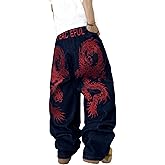 QGRSWBC Mens Baggy Jeans Embroidery Pattern Denim Trousers Wide Leg Denim Pant Loose Fit Skater Jeans Streetwear Clothing