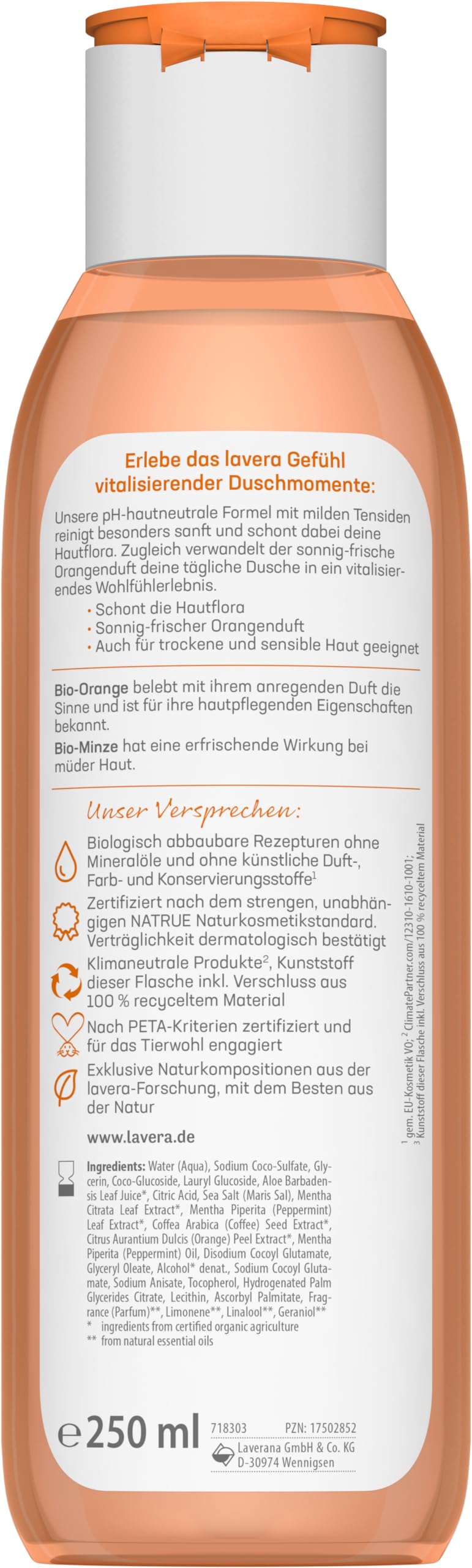 lavera Pflegedusche Vitalisierend - Bio-Orange & Bio-Minze - Naturkosmetik - vegan - Duschgel - pH-hautneutral - reinigt besonders sanft - 1 x 250 ml 7