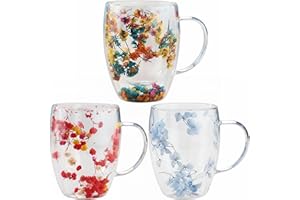 Flower Tea Cup, 3PCS Double Glass Flower Tea Cup, 350ml/12oz Heat Resisting Pretty with Handle, Fancy Coffee Mug for Women Fr