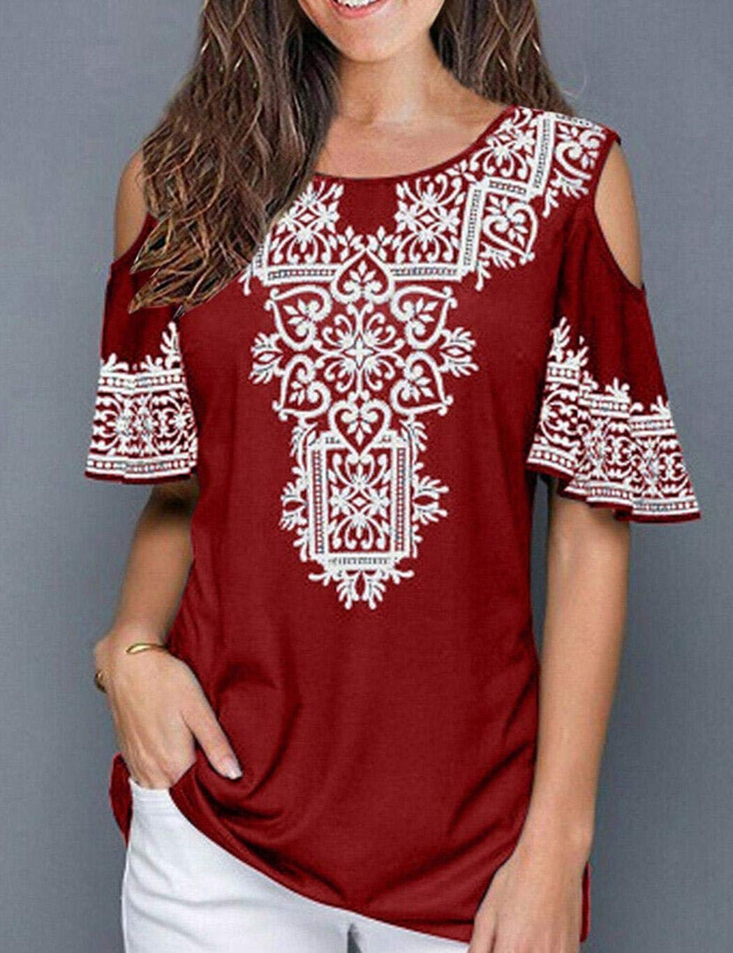 UpBeauty Women Summer O Neck Printed Short Sleeve T-Shirt Casual Off Shoulder Top Knits & Tees S-5XL Red